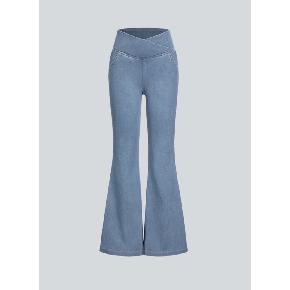 Halara Flex Crossover V-Waist Flare Jeans Light Wash High Rise Bell Bottom Large - Picture 2 of 10
